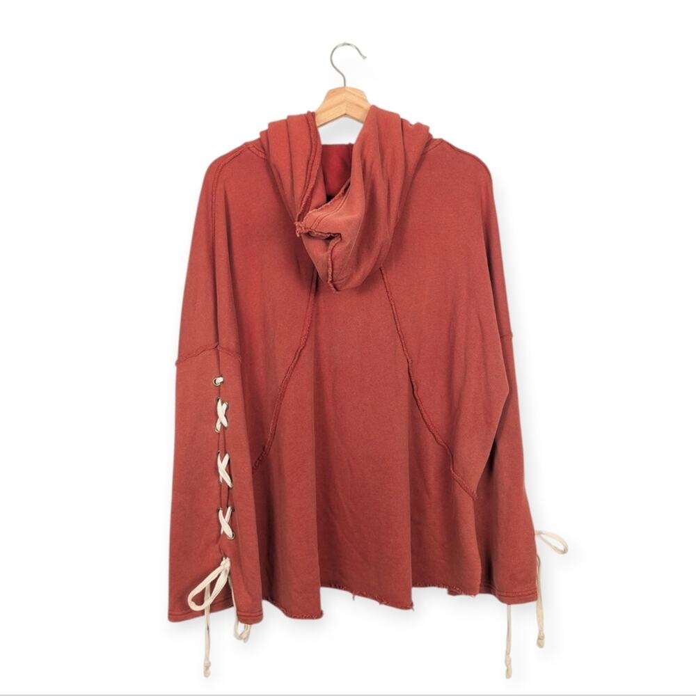 POL Hooded Sweatshirt S Burnt Orange Red Lace Up Sleeve Oversized Casual Cozy - Picture 2 of 8